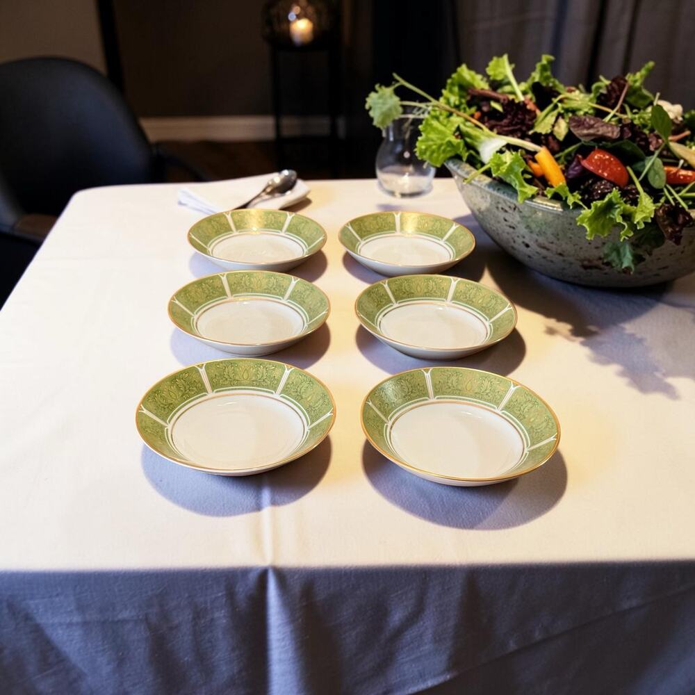 Set of 6 Noritake Eroica 2041 Fruit Dessert Bowls Moss Green Gold Floral Japan